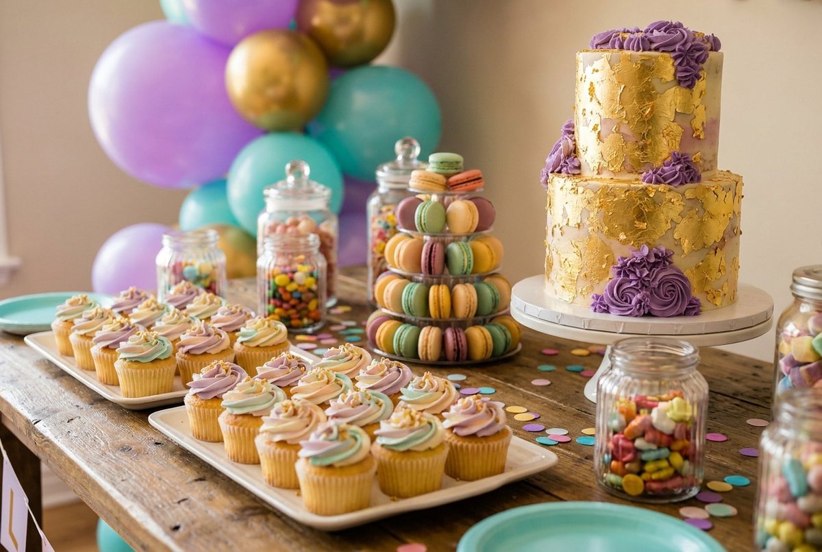 Mesa de doces de festa infantil com bolo, cupcakes e macarons