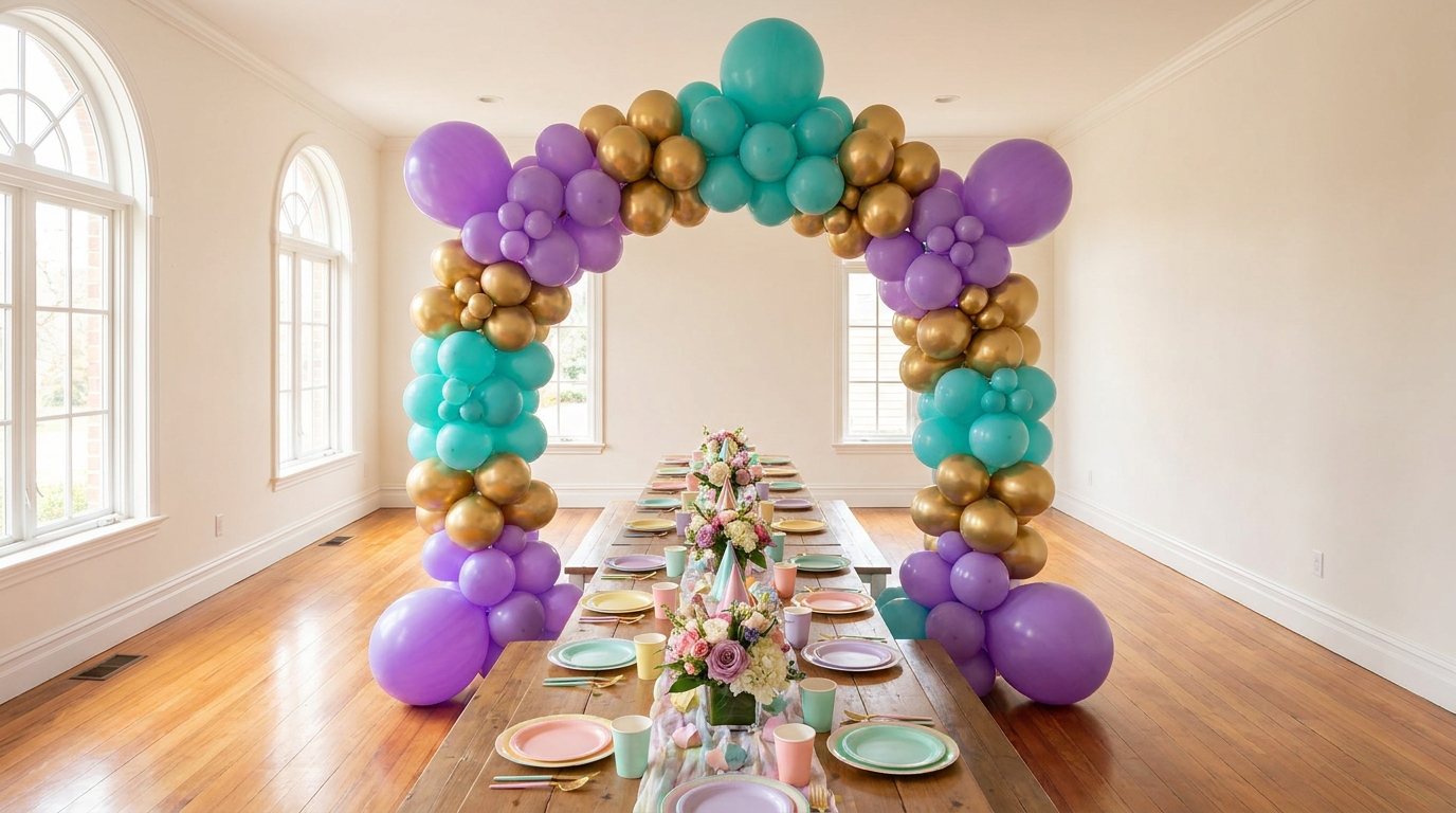 Salão de festa infantil decorado com balões e mesa posta